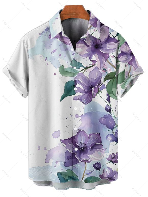 Chemise de vacances à imprimé floral et feuilles pour homme, boutonnée, retroussée, manches courtes, décontractée - Blanc 5XL