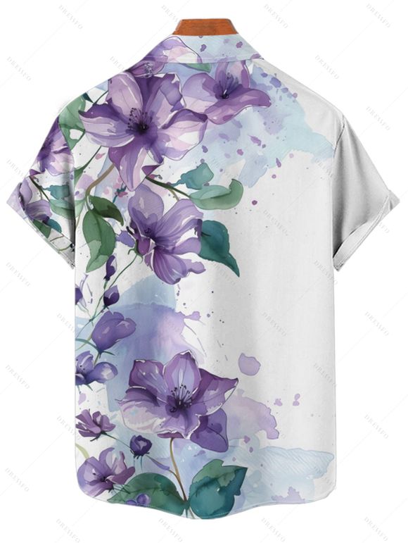 Chemise de vacances à imprimé floral et feuilles pour homme, boutonnée, retroussée, manches courtes, décontractée - Blanc 4XL