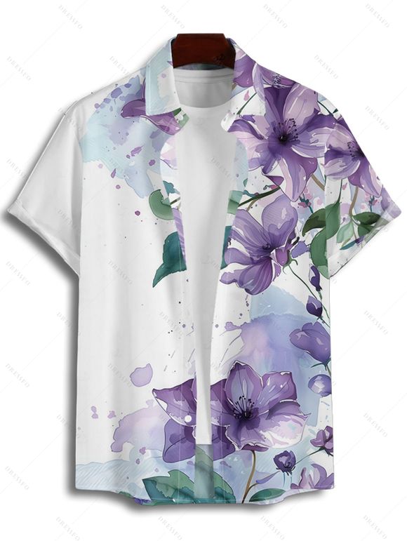 Chemise de vacances à imprimé floral et feuilles pour homme, boutonnée, retroussée, manches courtes, décontractée - Blanc 4XL