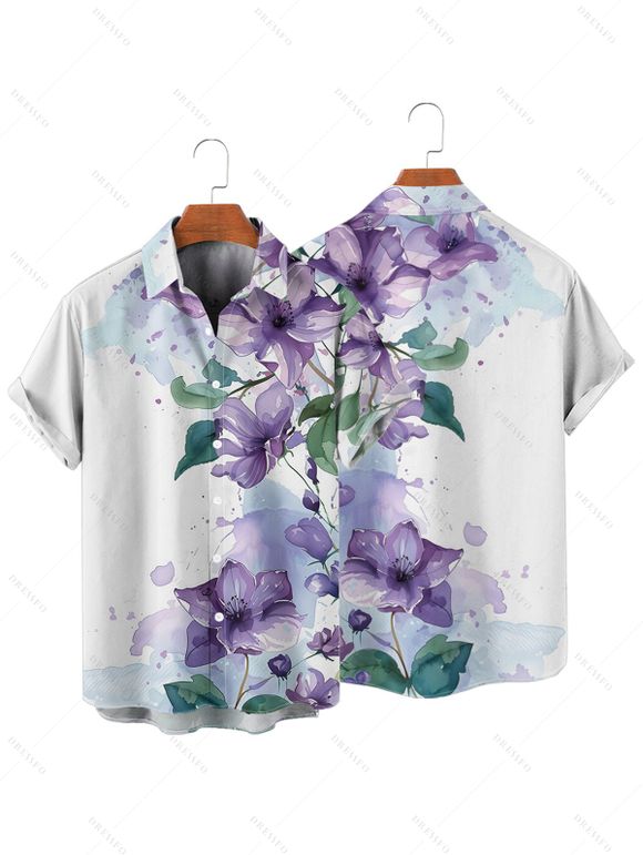 Chemise de vacances à imprimé floral et feuilles pour homme, boutonnée, retroussée, manches courtes, décontractée - Blanc 4XL