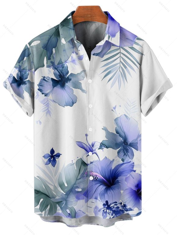 Chemise de vacances à imprimé floral et feuilles pour homme, boutonnée, retroussée, manches courtes, décontractée - Blanc 5XL