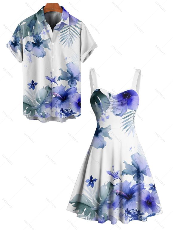 Vacation Couple Outfit Flower Leaf Print Ruched Bust Sweetheart Neck A Line Mini Dress and Button Up Shirt Casual Matching Outfit - Blanc S | US 4