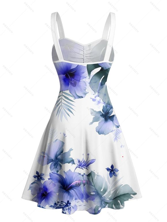 Vacation Couple Outfit Flower Leaf Print Ruched Bust Sweetheart Neck A Line Mini Dress and Button Up Shirt Casual Matching Outfit - Blanc S | US 4