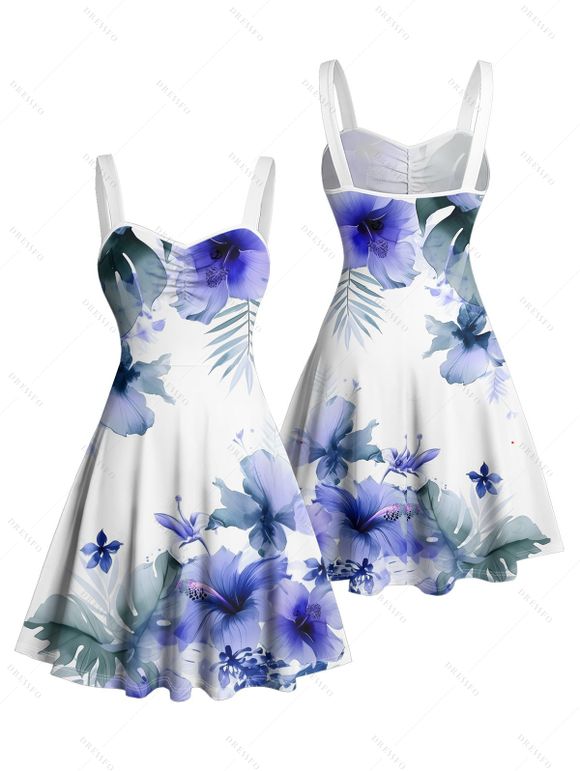 Vacation Couple Outfit Flower Leaf Print Ruched Bust Sweetheart Neck A Line Mini Dress and Button Up Shirt Casual Matching Outfit - Blanc S | US 4