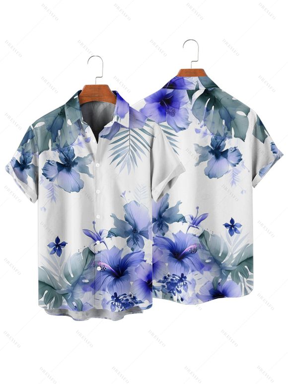 Vacation Couple Outfit Flower Leaf Print Ruched Bust Sweetheart Neck A Line Mini Dress and Button Up Shirt Casual Matching Outfit - Blanc S | US 4