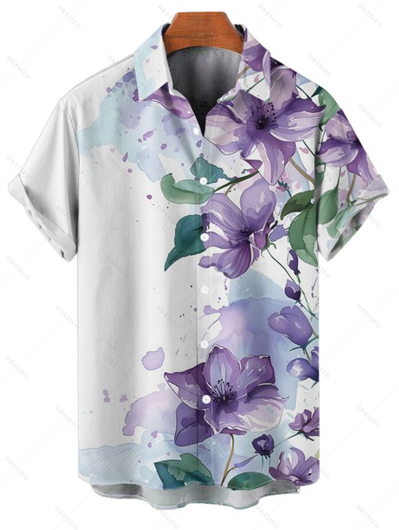 Vacation Couple Outfit Smudge Flower Leaf Pattern Ruched Bust Sweetheart Neck A Line Mini Dress and Button Up Shirt Casual Matching Outfit - Blanc S | US 4