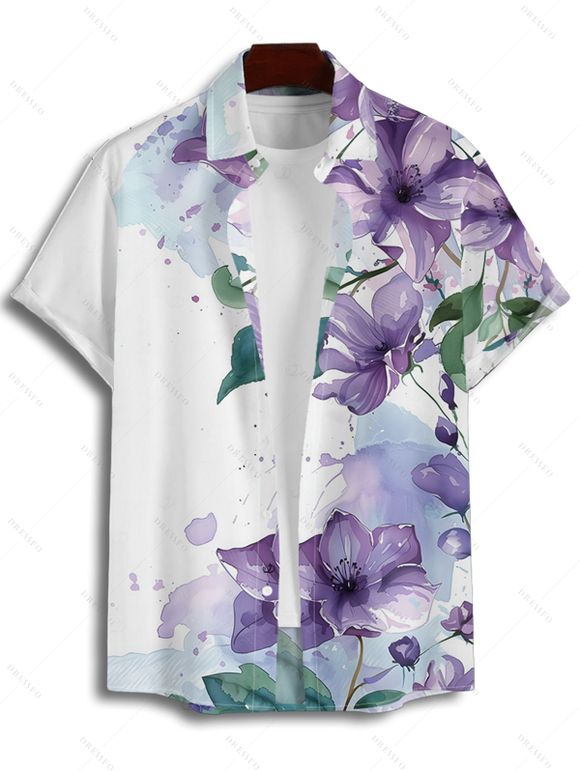 Vacation Couple Outfit Smudge Flower Leaf Pattern Ruched Bust Sweetheart Neck A Line Mini Dress and Button Up Shirt Casual Matching Outfit - Blanc S | US 4