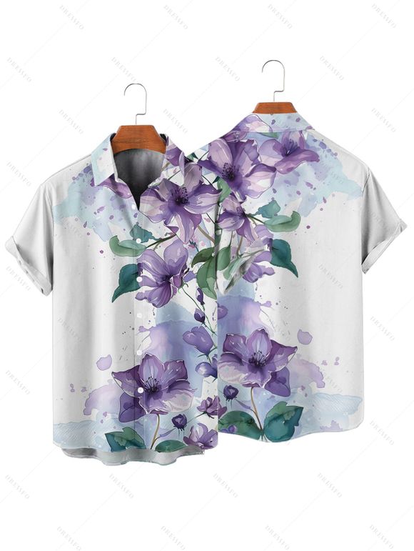 Vacation Couple Outfit Smudge Flower Leaf Pattern Ruched Bust Sweetheart Neck A Line Mini Dress and Button Up Shirt Casual Matching Outfit - Blanc S | US 4