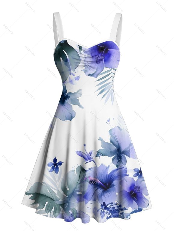 Robe de vacances à imprimé floral et feuilles, buste froncé, col en cœur, mini-robe décontractée trapèze - Blanc XXXXXL | US 20