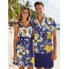 Vacation Couple Outfit Allover Tropical Leaf Hibiscus Floral Pattern Ruched Bust Belt A Line Mini Dress and Roll Up Sleeve Shirt Casual Matching Outfit - Bleu profond S | US 4