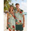 Vacation Couple Outfit Colored Flower Leaf Pattern Ruched Bust Belt Sweetheart Neck A Line Mini Dress and Button Up Shirt Matching Outfit - LIGHT GREEN S | US 4