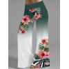 Pantalon large à motif de feuilles et de fleurs d'hibiscus ombré, taille large et élastique, décontracté - Vert profond XXL | US 14