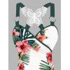 Débardeur de vacances froncé en dentelle avec motif de fleurs d'hibiscus ombré et de feuilles, haut long à bretelles et anneau en O - Vert profond XXL | US 14
