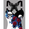 Débardeur gothique froncé à motif de feuilles de roses et de crânes, en dentelle et papillon, avec bretelles à anneau en O, haut long pour les vacances - Noir XXL | US 14