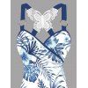 Débardeur de vacances froncé en dentelle avec motif de feuilles tropicales et de fleurs d'hibiscus et de papillons, haut long à bretelles et anneau en O - Bleu XXL | US 14