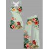 Vacation Women Outfit Leaf Colored Flowers Pattern Butterfly Lace Ruched Surplice O Ring Strap Tank Top and Wide Leg Pants Casual Set - Vert clair S | US 4