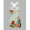Vacation Women Outfit Leaf Colored Flowers Pattern Butterfly Lace Ruched Surplice O Ring Strap Tank Top and Wide Leg Pants Casual Set - Vert clair S | US 4