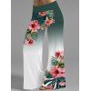Vacation Women Outfit Ombre Hibiscus Flowers Leaf Pattern Butterfly Lace Ruched Tank Top and Wide Leg Pants Casual Set - Vert profond S | US 4