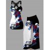 Gothic Women Outfit Rose Leaf Skulls Pattern Butterfly Lace Ruched Surplice O Ring Strap Tank Top and Wide Leg Pants Holiday Set - Noir S | US 4