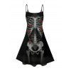 Robe gothique à motif de roses squelettes, bretelles spaghetti, col en V, coupe trapèze, mini-robe débardeur de vacances - Noir XXXXXL | US 20