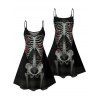 Robe gothique à motif de roses squelettes, bretelles spaghetti, col en V, coupe trapèze, mini-robe débardeur de vacances - Noir XXXXXL | US 20