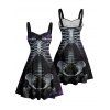 Robe gothique à buste froncé et motif de feu squelette, décolleté en cœur, mini robe de vacances trapèze - Noir XXXXXL | US 20