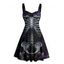 Robe gothique à buste froncé et motif de feu squelette, décolleté en cœur, mini robe de vacances trapèze - Noir XXXXXL | US 20