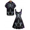 Gothic Couple Outfit Skeleton Fire Pattern Ruched Bust Sweetheart Neck A Line Mini Dress and Button Up Shirt Holiday Matching Outfit - Noir S | US 4