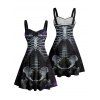 Gothic Couple Outfit Skeleton Fire Pattern Ruched Bust Sweetheart Neck A Line Mini Dress and Button Up Shirt Holiday Matching Outfit - Noir S | US 4