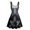 Gothic Couple Outfit Skeleton Fire Pattern Ruched Bust Sweetheart Neck A Line Mini Dress and Button Up Shirt Holiday Matching Outfit - Noir S | US 4