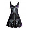 Gothic Couple Outfit Skeleton Fire Pattern Ruched Bust Sweetheart Neck A Line Mini Dress and Button Up Shirt Holiday Matching Outfit - Noir S | US 4