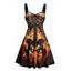 Robe gothique à buste froncé et motif de feu squelette, décolleté en cœur, mini robe de vacances trapèze - Noir XXXXXL | US 20