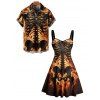 Gothic Couple Outfit Skeleton Fire Pattern Ruched Bust Sweetheart Neck A Line Mini Dress and Button Up Shirt Holiday Matching Outfit - Orange S | US 4