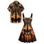 Gothic Couple Outfit Skeleton Fire Pattern Ruched Bust Sweetheart Neck A Line Mini Dress and Button Up Shirt Holiday Matching Outfit - Noir S | US 4