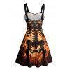 Gothic Couple Outfit Skeleton Fire Pattern Ruched Bust Sweetheart Neck A Line Mini Dress and Button Up Shirt Holiday Matching Outfit - Orange S | US 4