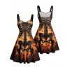 Gothic Couple Outfit Skeleton Fire Pattern Ruched Bust Sweetheart Neck A Line Mini Dress and Button Up Shirt Holiday Matching Outfit - Orange S | US 4