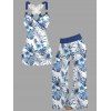 Vacation Women Outfit Hibiscus Flowers Leaf Pattern Butterfly Lace Long Tank Top and Wide Leg Pants Casual Set - Bleu S | US 4