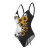 Maillot de bain une pièce imprimé tête de mort tournesol, maillot de bain rembourré à surplis cintré - Noir S | US 4