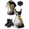 Sunflower Skulls Pattern Ruched Bust Gothic Dress and Gothic Shirt Butterfly Chain Martin Boots Butterfly Rose Lace Up Belt Outfit - Noir S | US 4