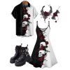 Rose Skulls Pattern Gothic Dress and Button Up Shirt Butterfly Chain Martin Boots Hollow Out Lace Choker and Bracelet with Ring Set Outfit - Noir S | US 4
