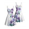 Robe de vacances à motif de fleurs et de feuilles froncées, buste froncé, col en cœur, mini-robe décontractée trapèze - Bleu XXXXXL | US 20