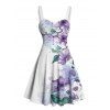Robe de vacances à motif de fleurs et de feuilles froncées, buste froncé, col en cœur, mini-robe décontractée trapèze - Bleu XXXXXL | US 20