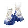 Robe de vacances à imprimé floral asymétrique et à motif de feuilles colorblock, bretelles spaghetti, col en V, coupe trapèze, mini, décontractée - Bleu XXXXXL | US 20