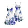Robe de vacances à imprimé floral et feuilles, buste froncé, col en cœur, mini-robe décontractée trapèze - Blanc XXXXXL | US 20