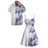 Vacation Couple Outfit Smudge Flower Leaf Pattern Ruched Bust Sweetheart Neck A Line Mini Dress and Button Up Shirt Casual Matching Outfit - Blanc S | US 4