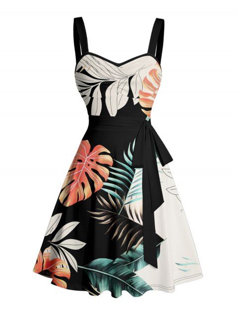 Robe de vacances à imprimé feuilles tropicales et à volants, ceinture et décolleté en cœur, mini robe de plage trapèze