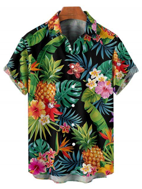 Chemise de vacances à motif floral ananas et feuilles tropicales pour homme, boutonnée, retroussée, manches courtes, pour la plage