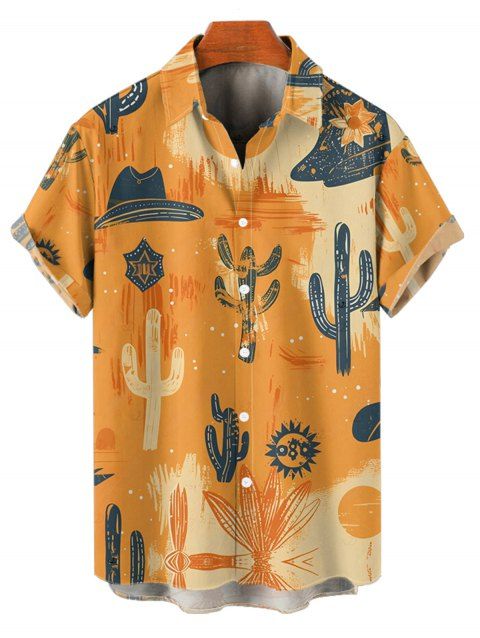 Chemise de vacances à manches courtes et boutons pour homme, style rétro western, imprimé chapeau de cowboy, colorblock