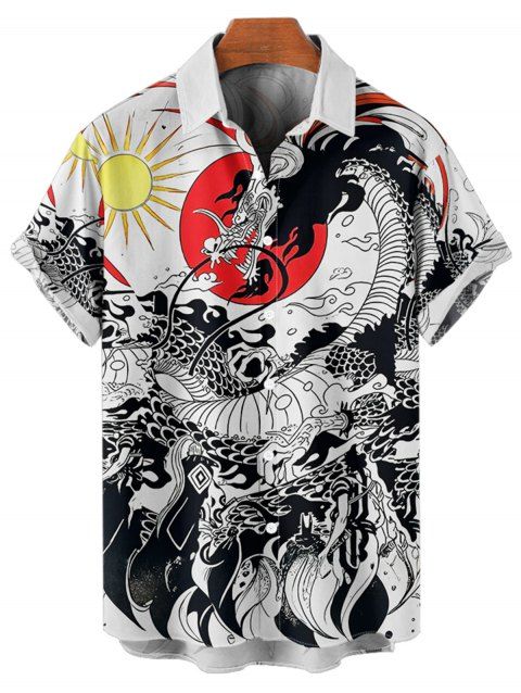 Chemise de vacances pour homme style Ukiyo-e, imprimée soleil et dragon, boutonnée, retroussée, manches courtes, décontractée