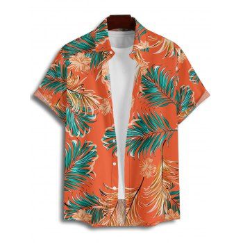 Vacation Couple Outfit Tropical Plant Leaf Floral Pattern Ruched Bust Belt Dress and Button Up Shirt Beach Matching Outfit